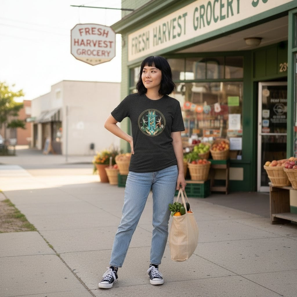 Woman standing in front of Fresh Harvest Grocery holding a reusable bag with groceries.
