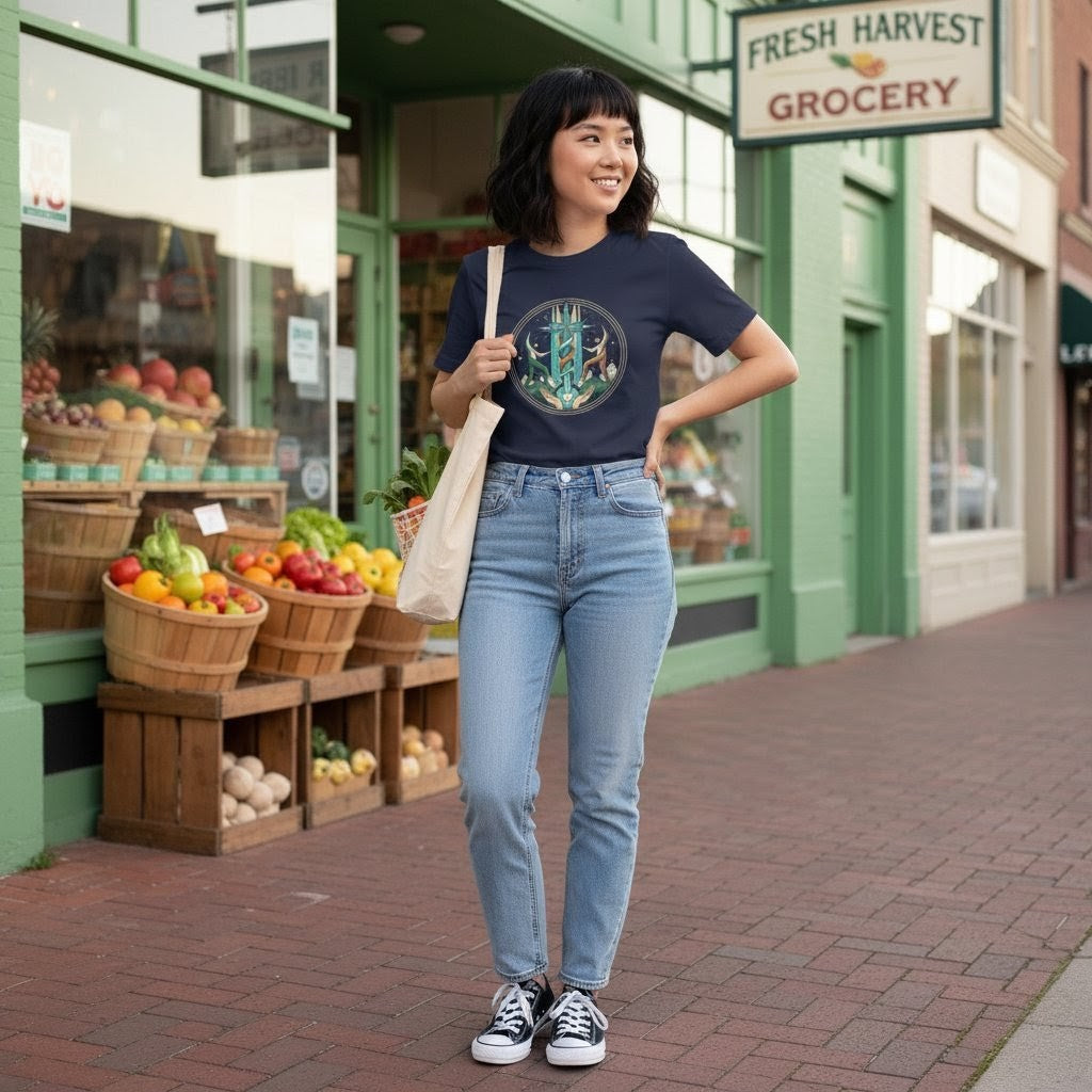 Woman standing on a sidewalk in front of a grocery store with produce displayed.