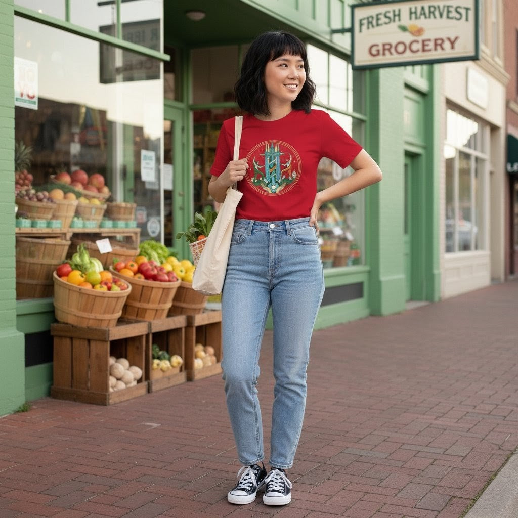 Woman in a red t-shirt and blue jeans standing in front of a grocery store with produce displayed.