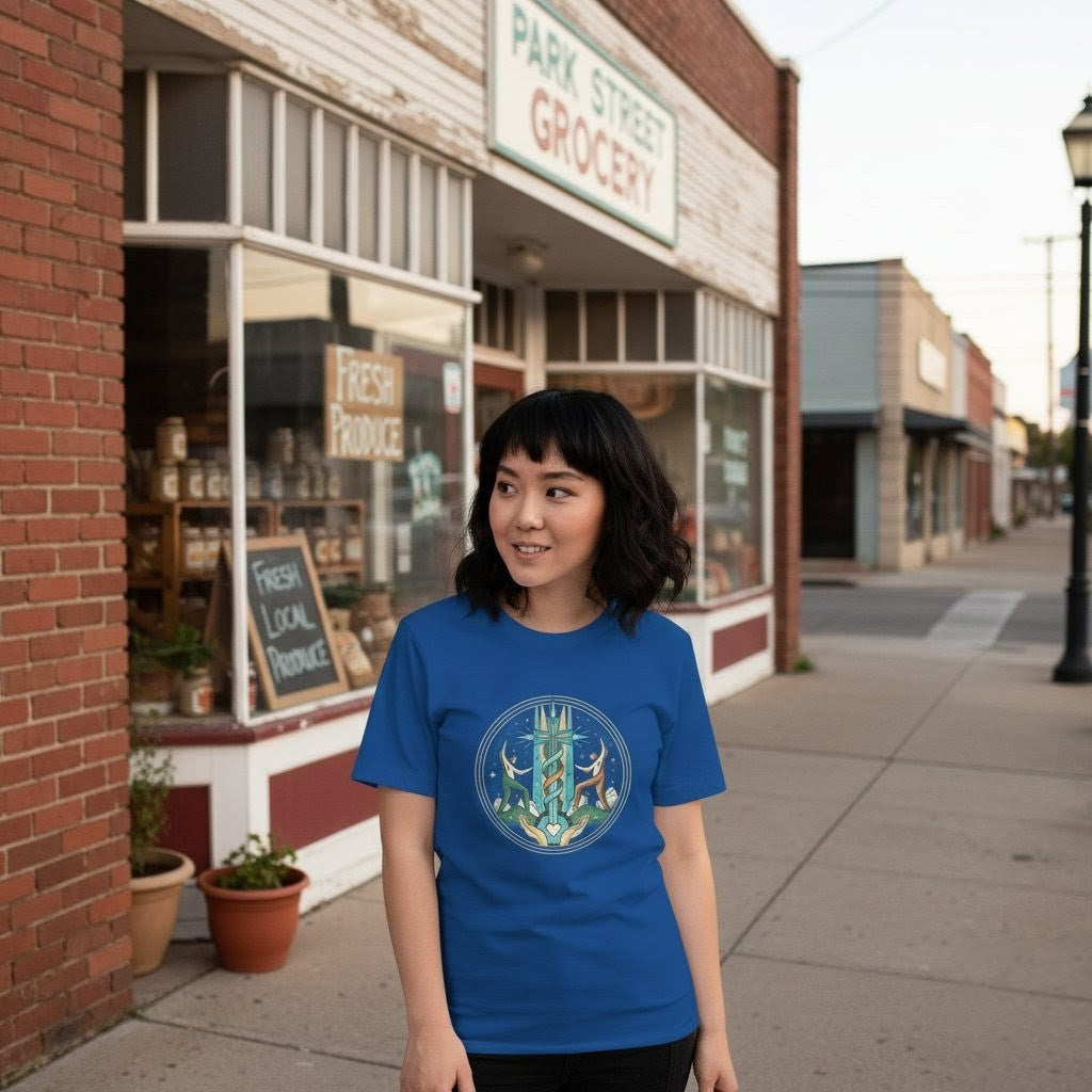 Woman wearing a blue t-shirt with a circular design in front of a grocery store.