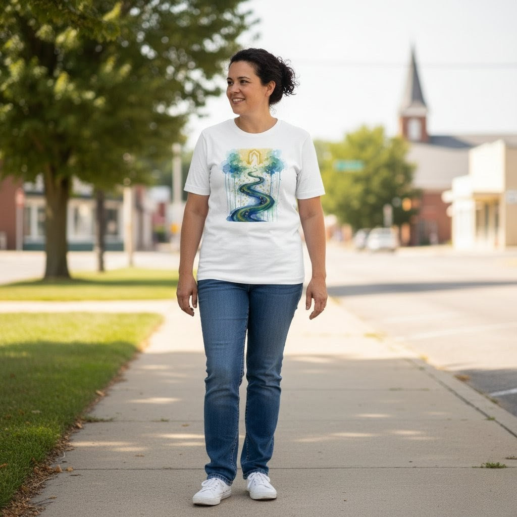 Woman walking on a sidewalk wearing a white t-shirt with a colorful design and blue jeans.