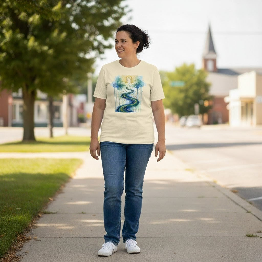 Woman walking on a sidewalk wearing a cream t-shirt with a colorful design.