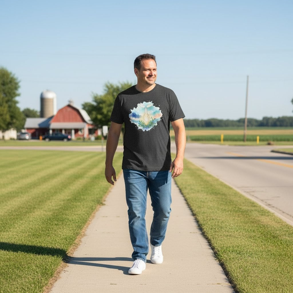 Man walking on a sidewalk with a scenic background