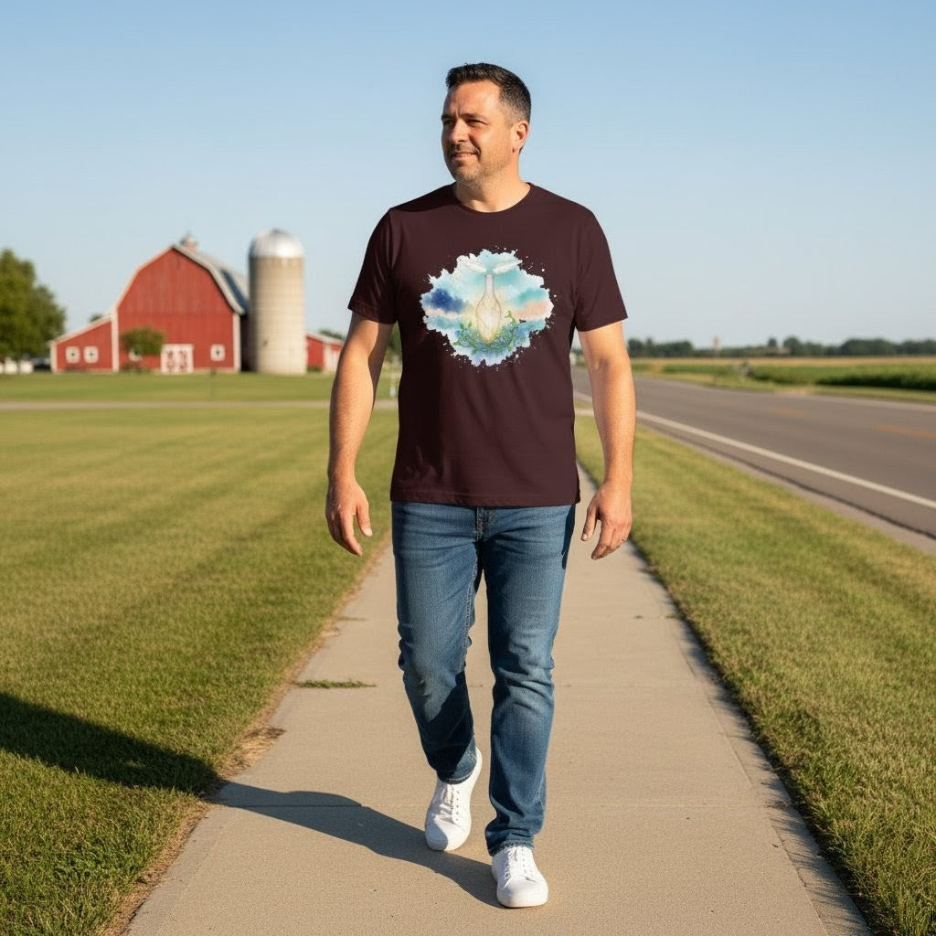 Man walking on a sidewalk with a scenic t-shirt in front of a red barn and silo.