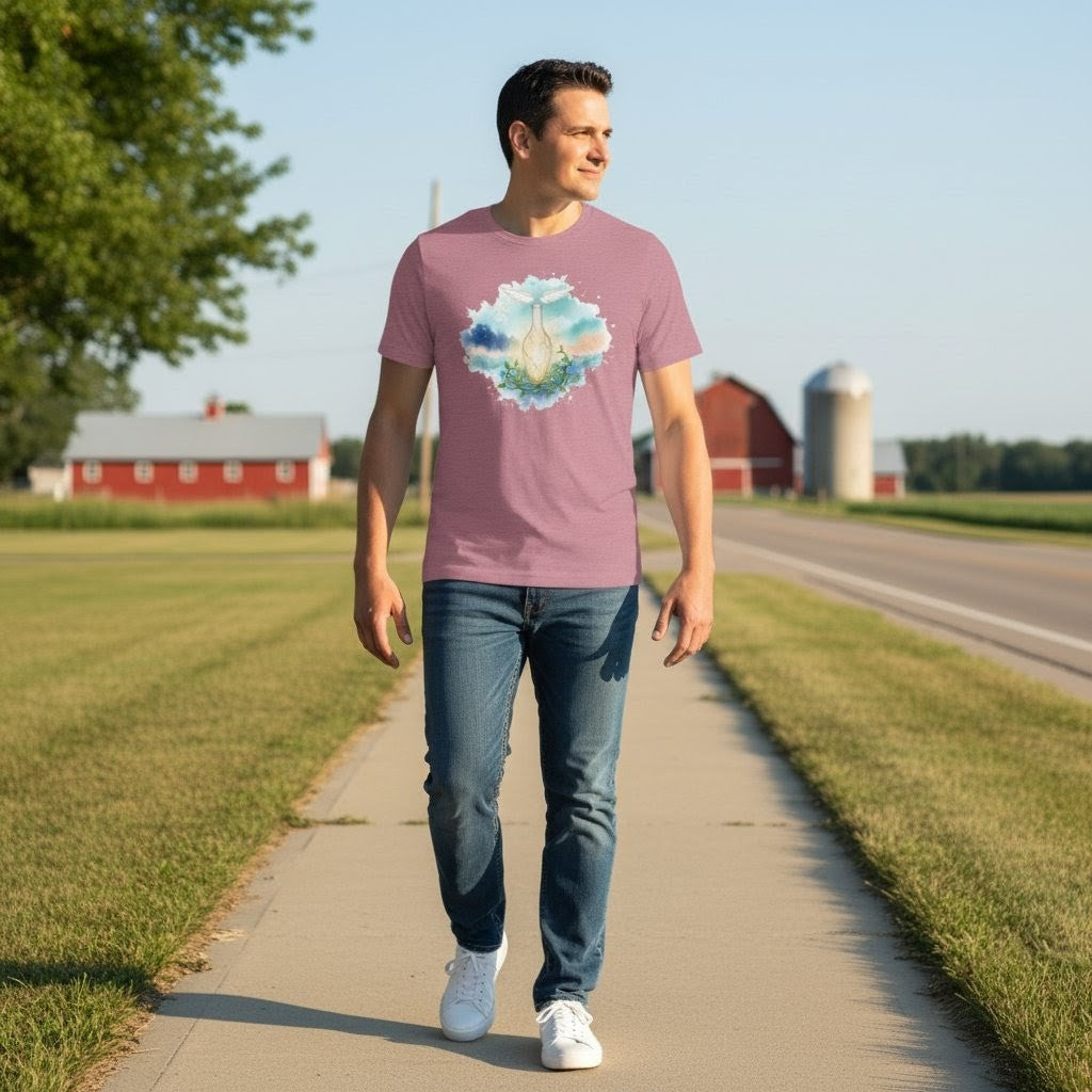 Man walking on a path with a scenic t-shirt in a rural setting
