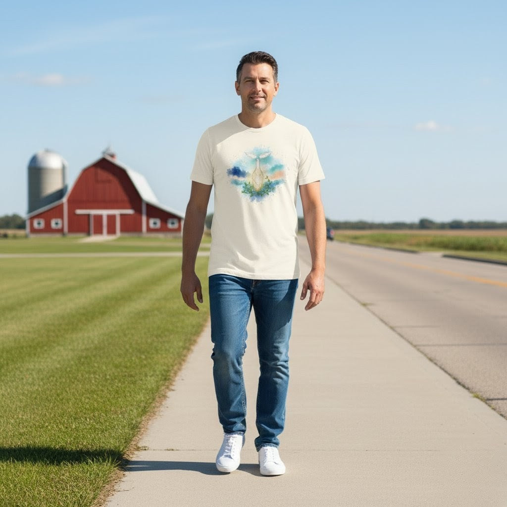 Man walking on a road with a red barn and silo in the background
