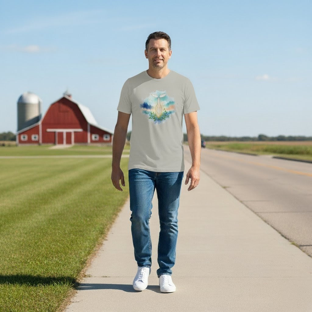 Man walking on a sidewalk with a red barn and blue sky in the background