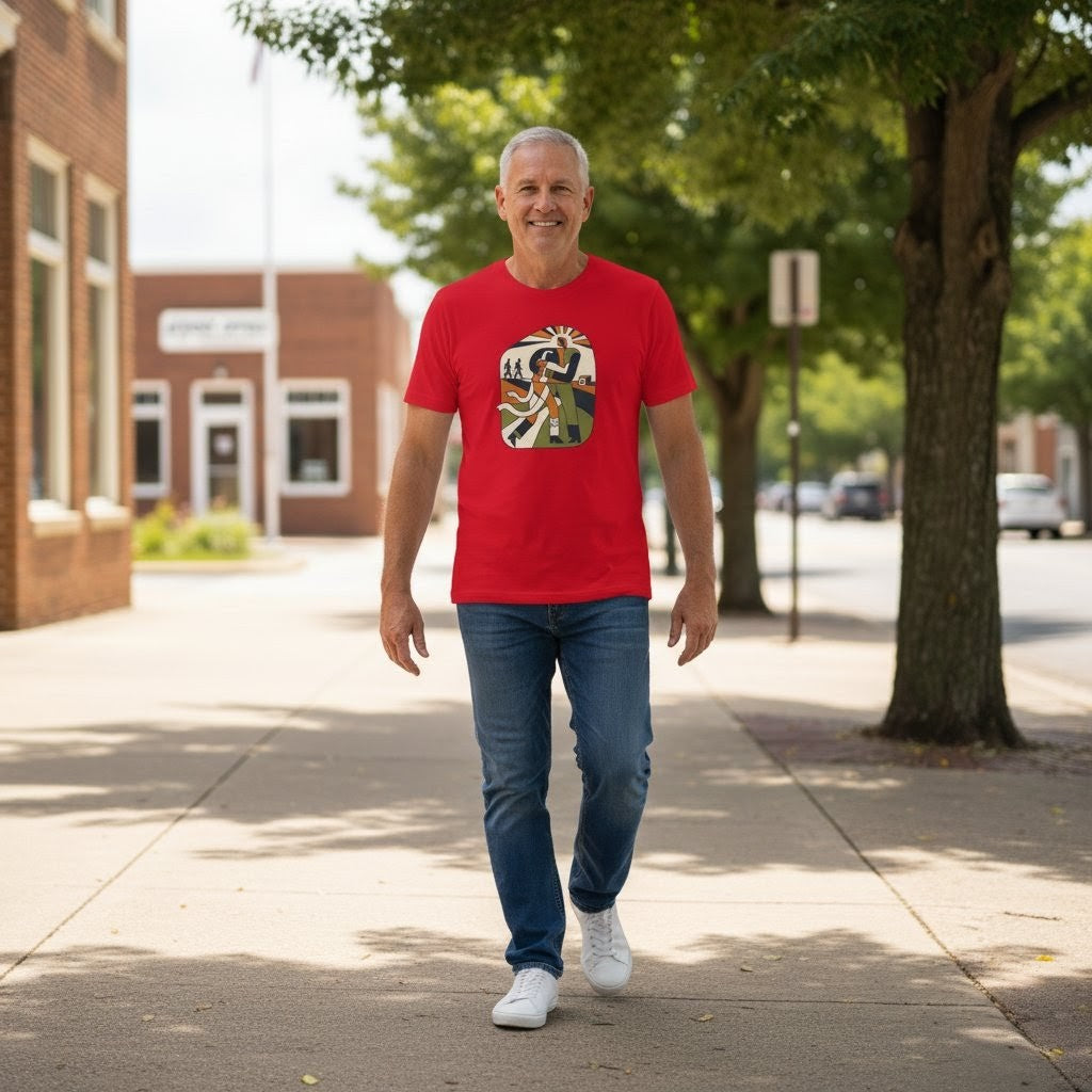 Man wearing a red t-shirt with a graphic design walking on a sidewalk.