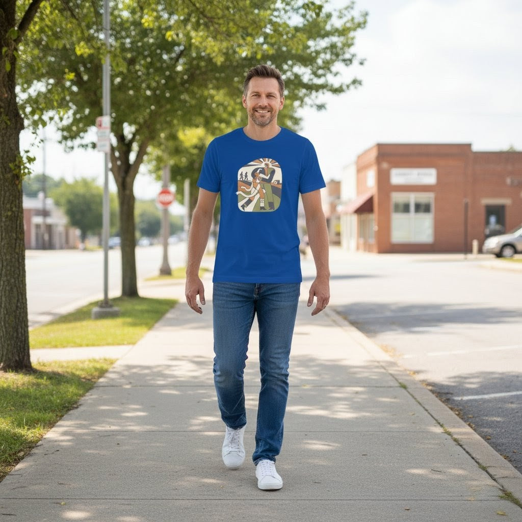 Man walking on a sidewalk wearing a blue t-shirt with a graphic design.