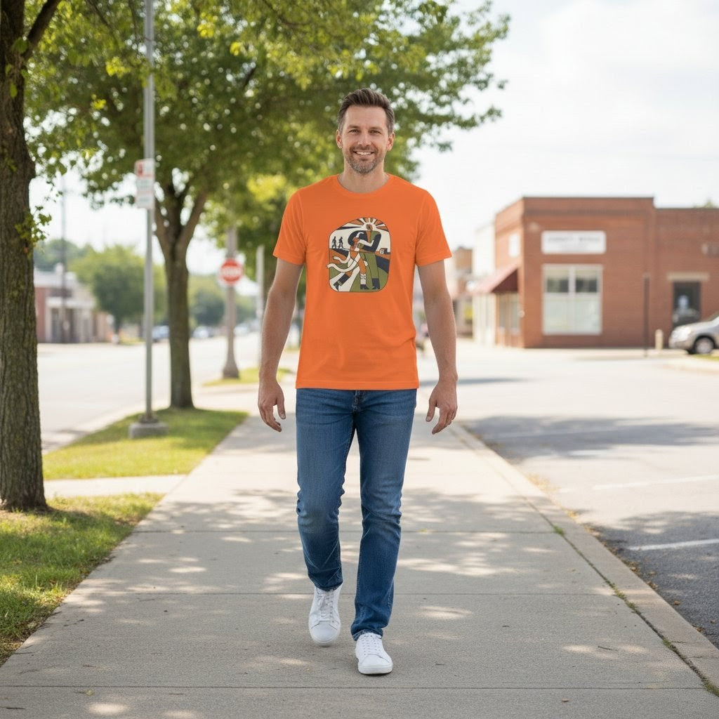 Man walking on a sidewalk wearing an orange t-shirt with a graphic design.