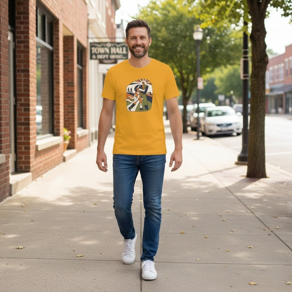 Man walking on a sidewalk wearing a yellow t-shirt with a graphic design.