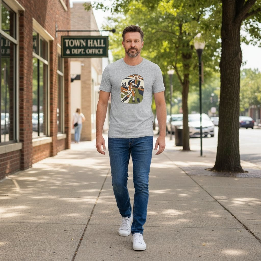 Man walking on a sidewalk wearing a gray t-shirt with a graphic design and blue jeans.