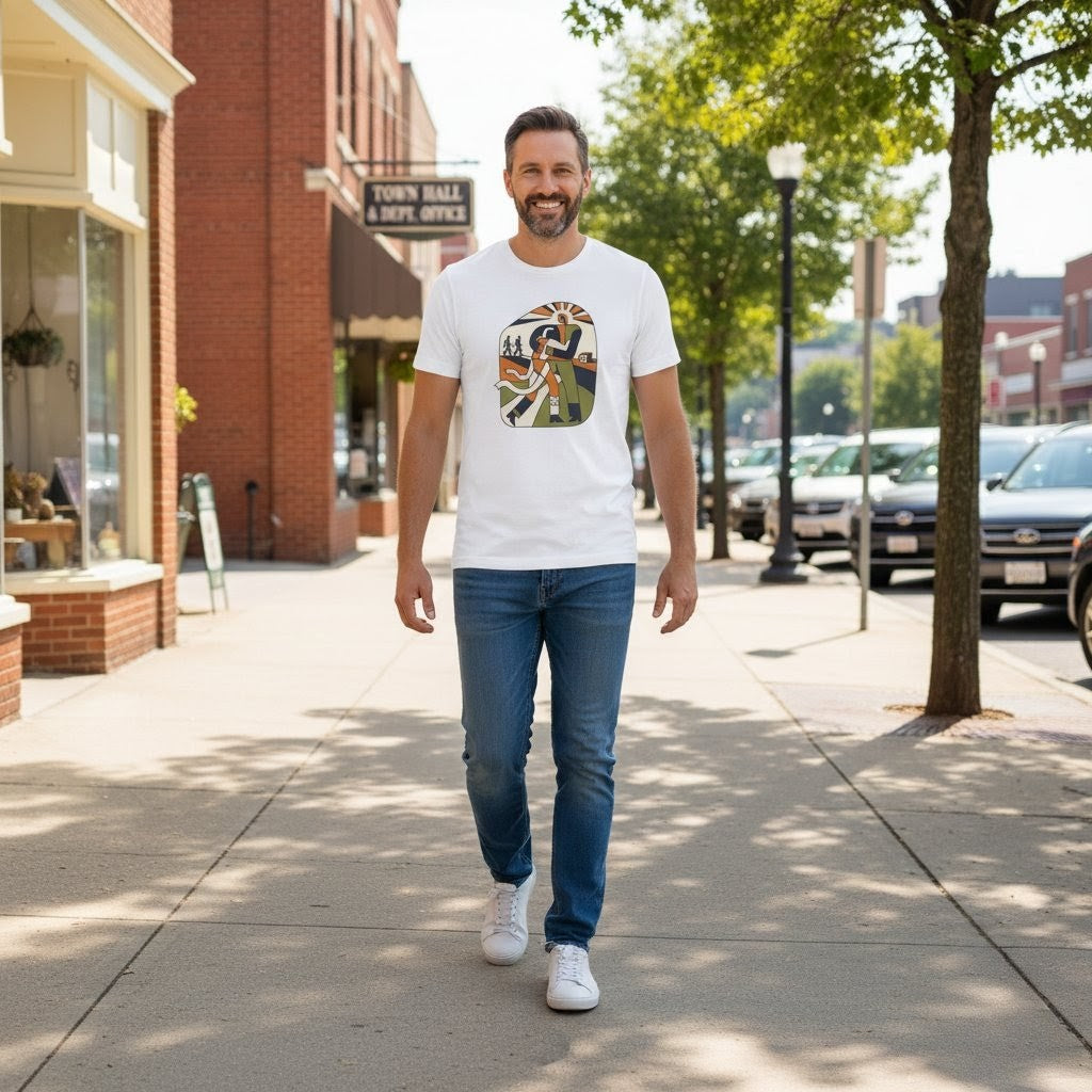 Man walking on a sidewalk wearing a white t-shirt with a graphic design.