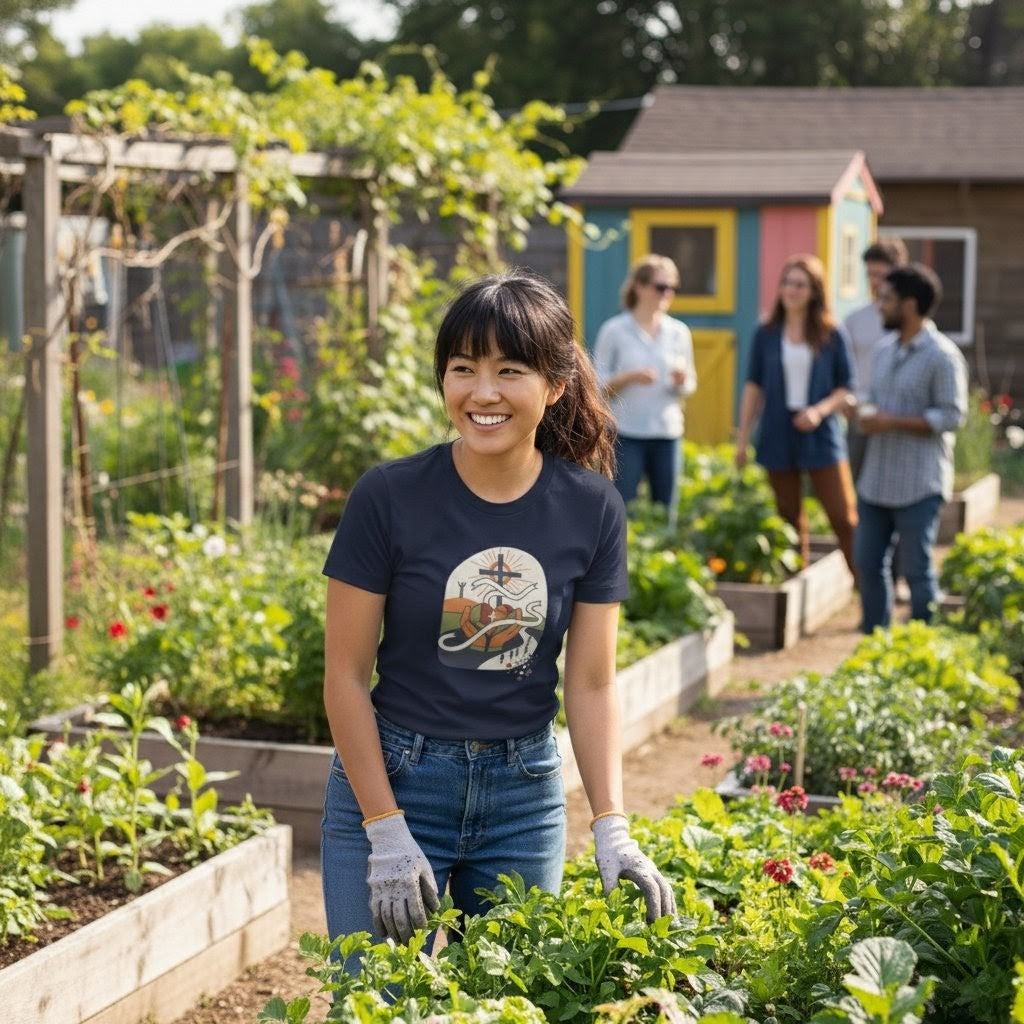 Woman gardening in a community garden with people in the background