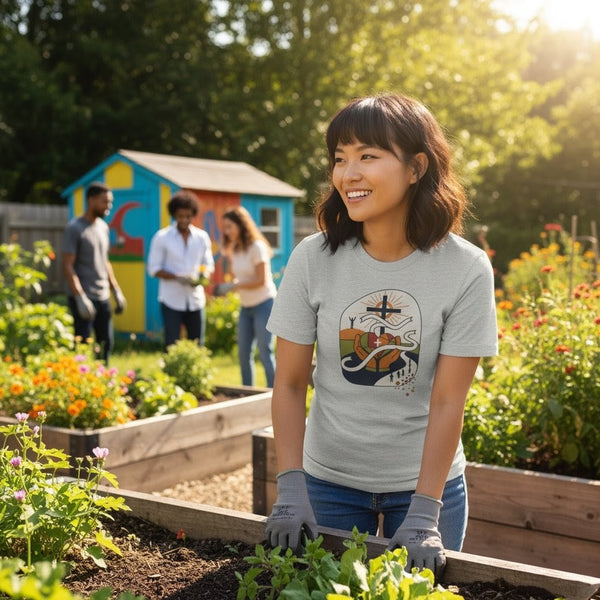 Woman gardening in a community garden with people and colorful structures in the background.