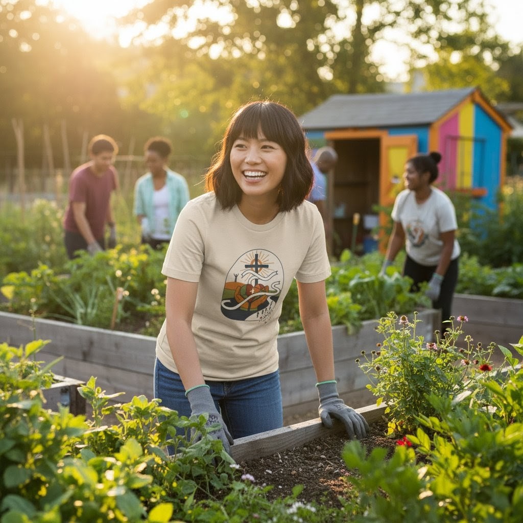 Woman gardening in a community garden with a colorful shed in the background