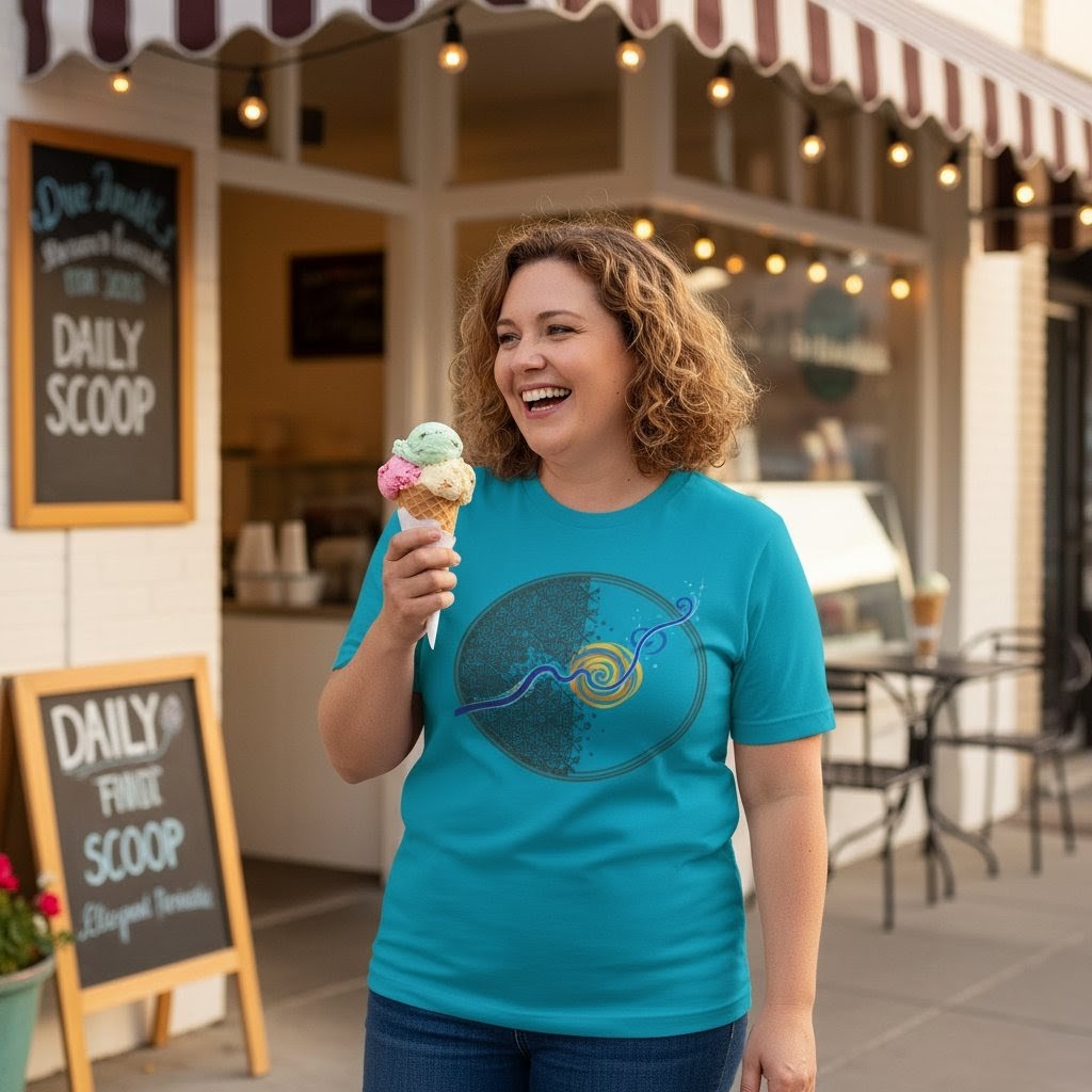 Woman holding an ice cream cone in front of a ice cream shop named 'Daily Scoop'.