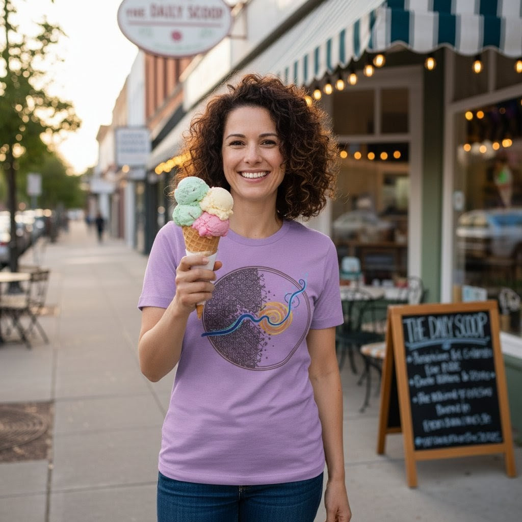 Woman holding ice cream cones on a sidewalk with a storefront in the background