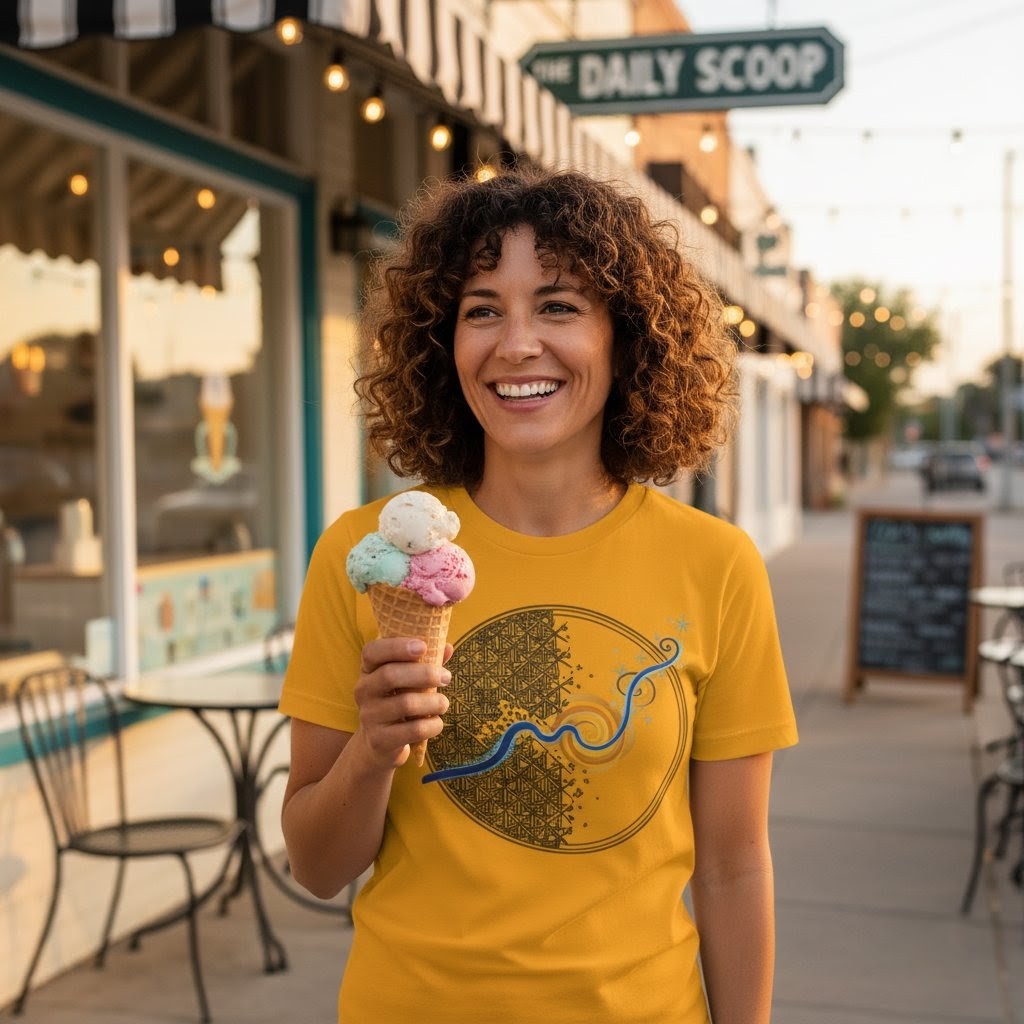 Woman holding an ice cream cone in front of a building with 'The Daily Scoop' sign.
