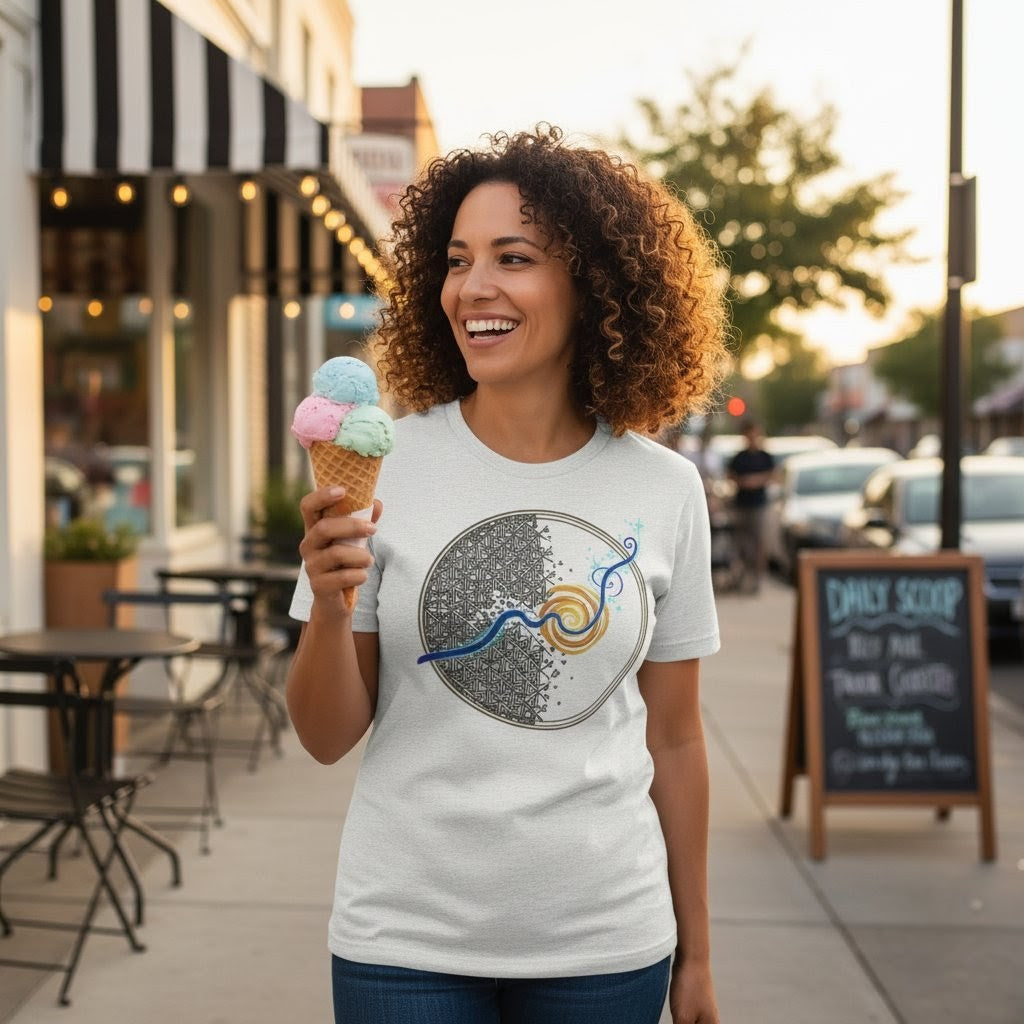 Woman holding ice cream cones outdoors on a sidewalk with a chalkboard sign in the background.