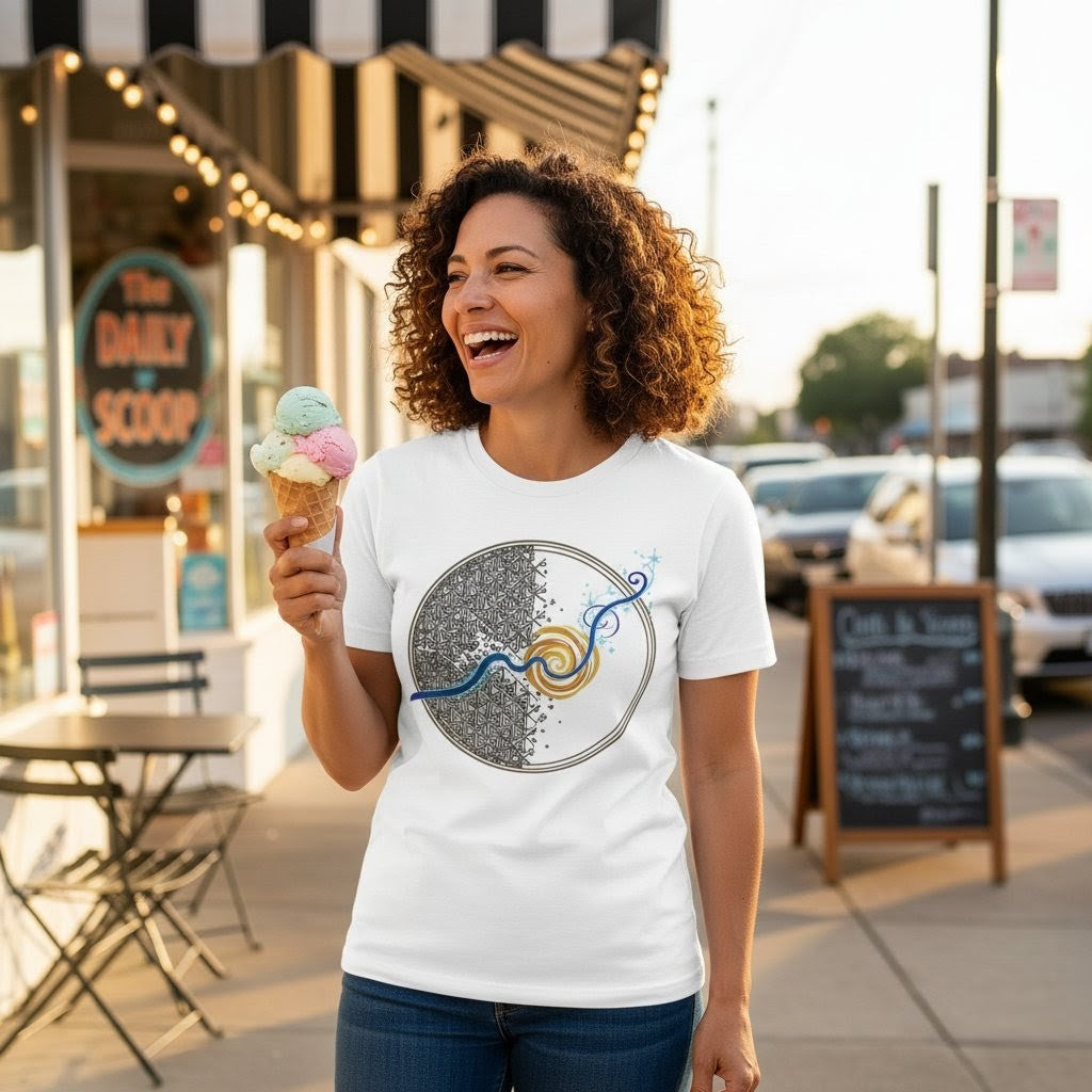 Woman wearing a white t-shirt with a graphic design, holding an ice cream cone, standing on a sidewalk.