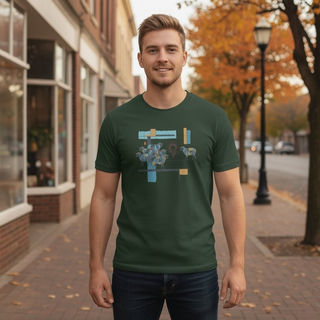 Selah Supply Co. Parable of the Lost Sheep Tee in Heather Forest, front view.
