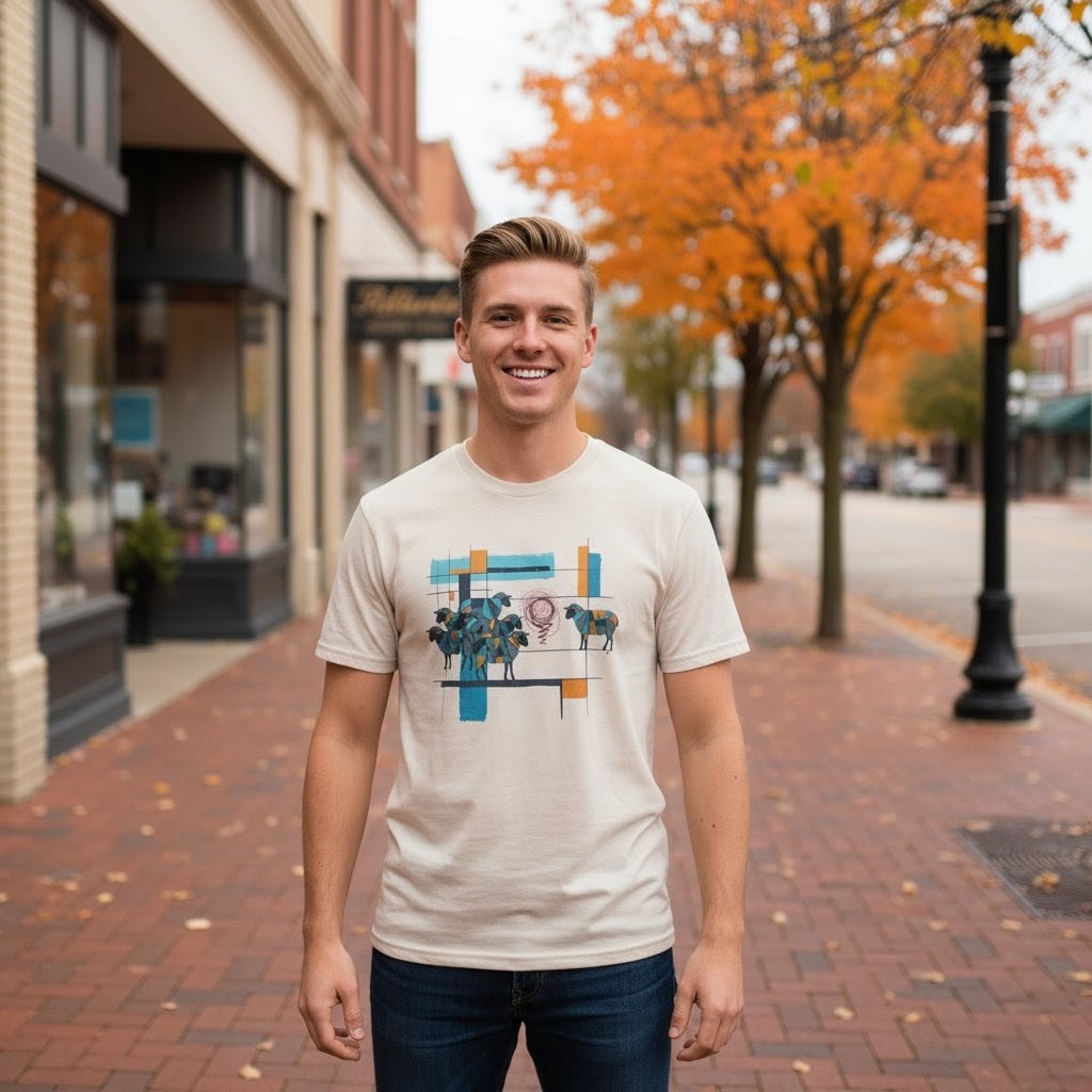 Man wearing a white t-shirt with a graphic design on a city street with autumn trees.