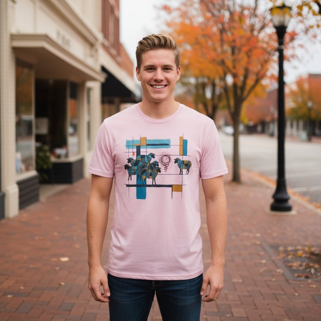Man wearing a pink t-shirt with a graphic design on a street in an urban setting
