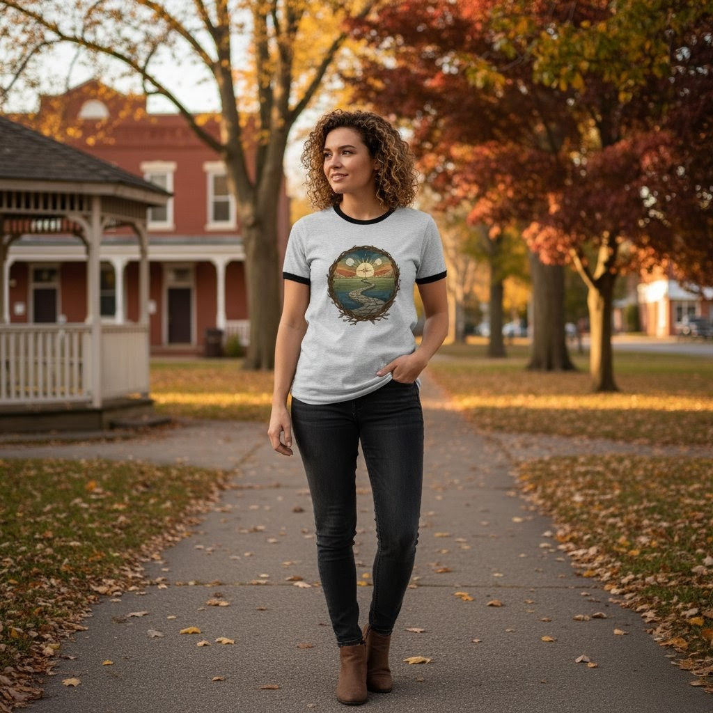 Woman walking on a path in a park wearing a t-shirt with a nature graphic.