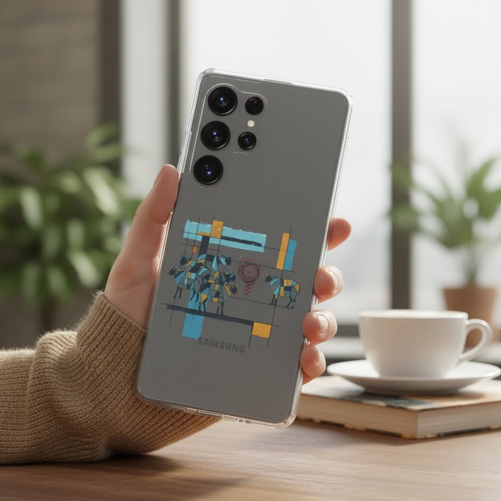 Person holding a smartphone with a design case, blurred indoor setting with plants and a cup.