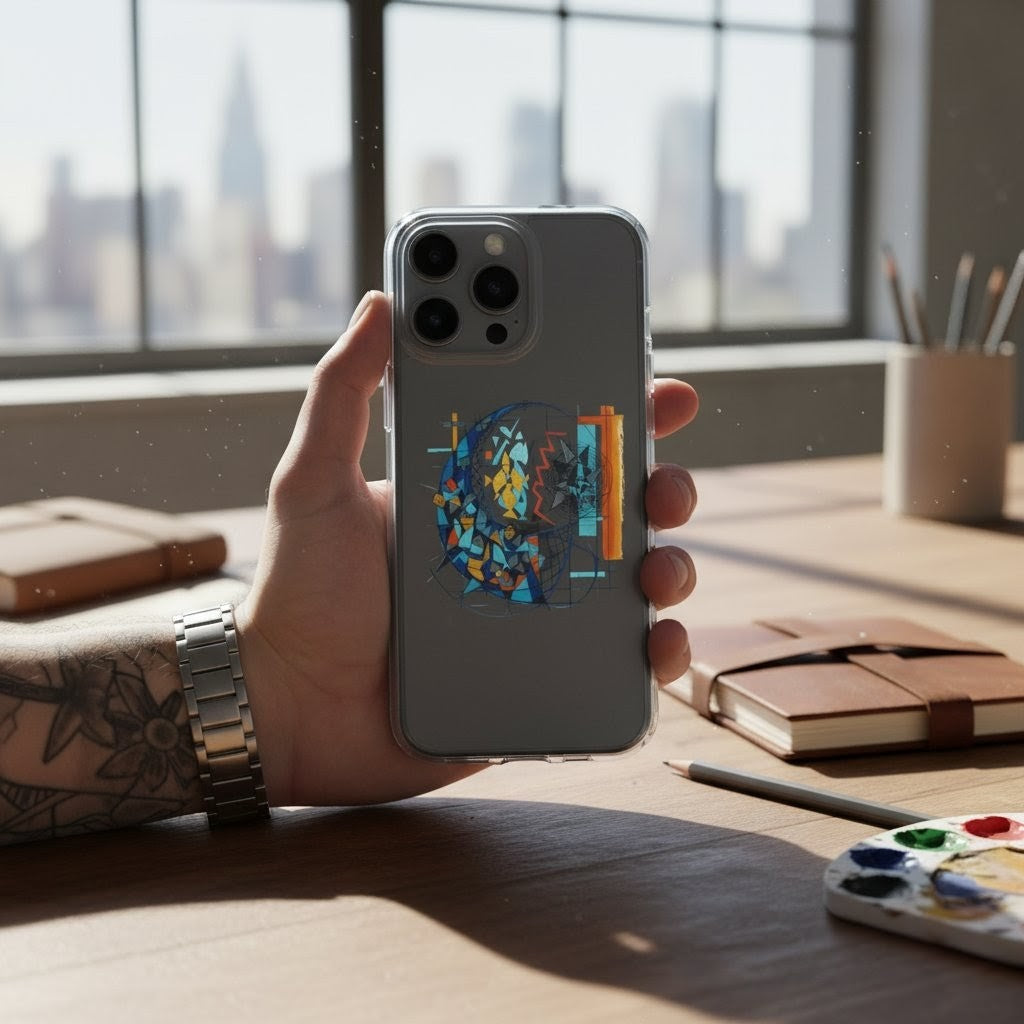 Person holding a phone with a colorful case in front of a window with a cityscape view.