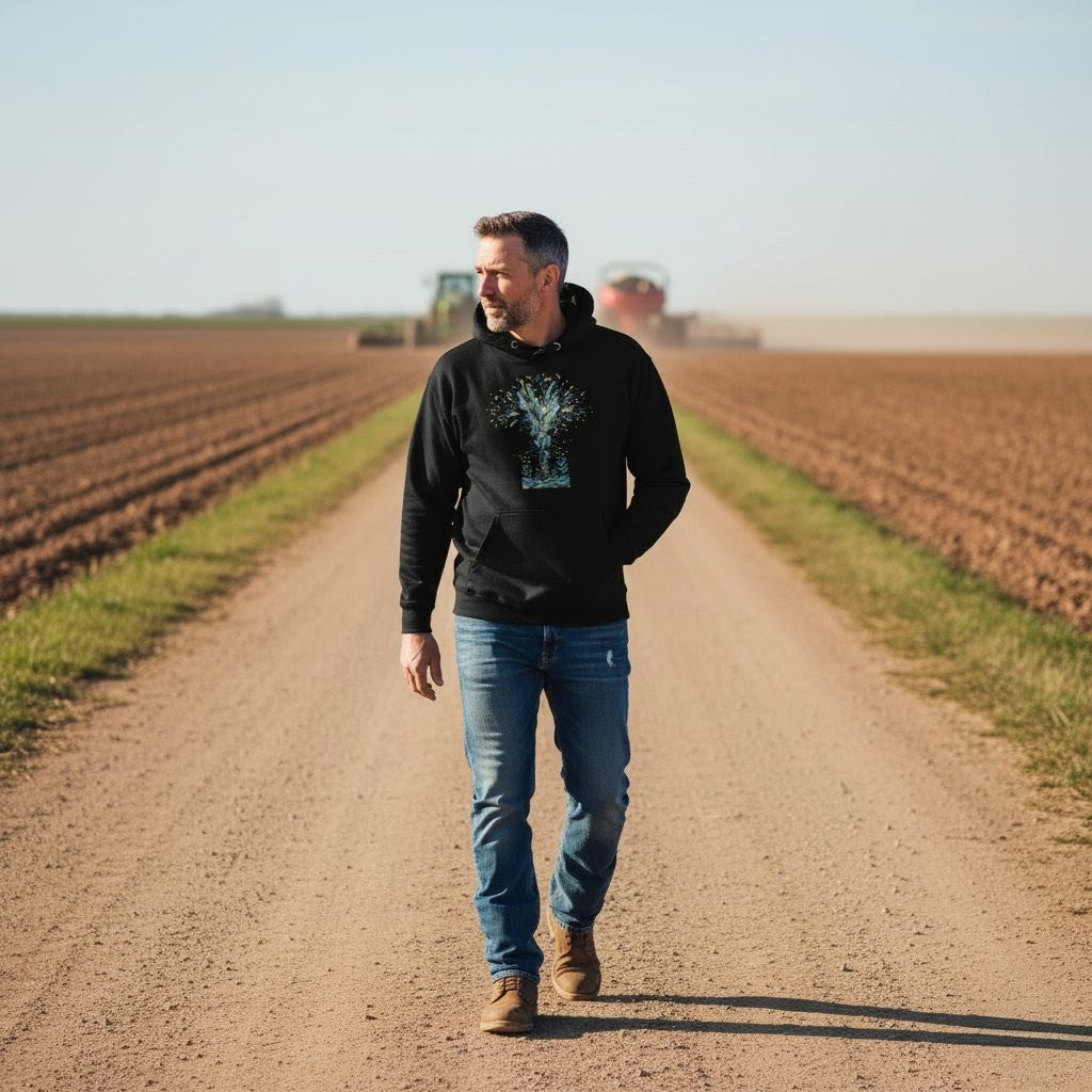 Man walking on a dirt path in a field wearing a black hoodie and blue jeans.
