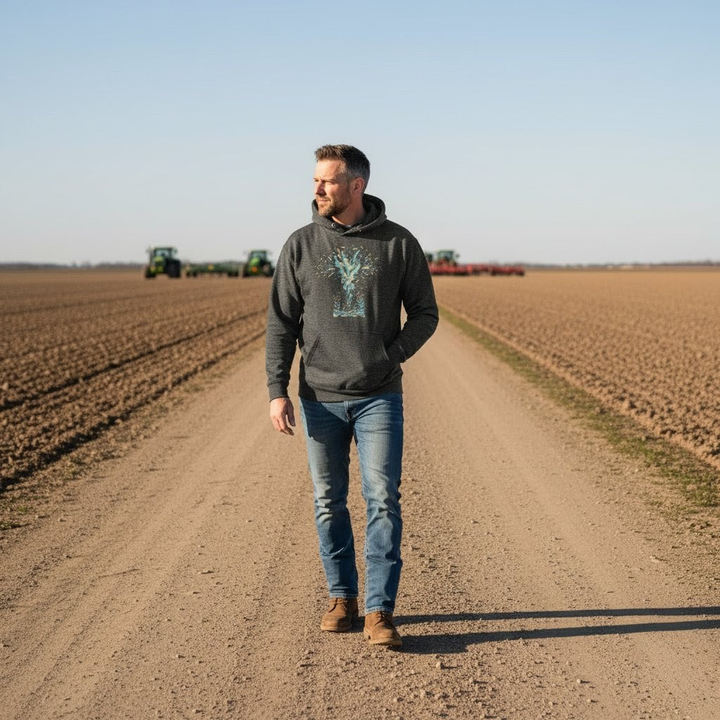 Man walking on a dirt path in a field with tractors in the background