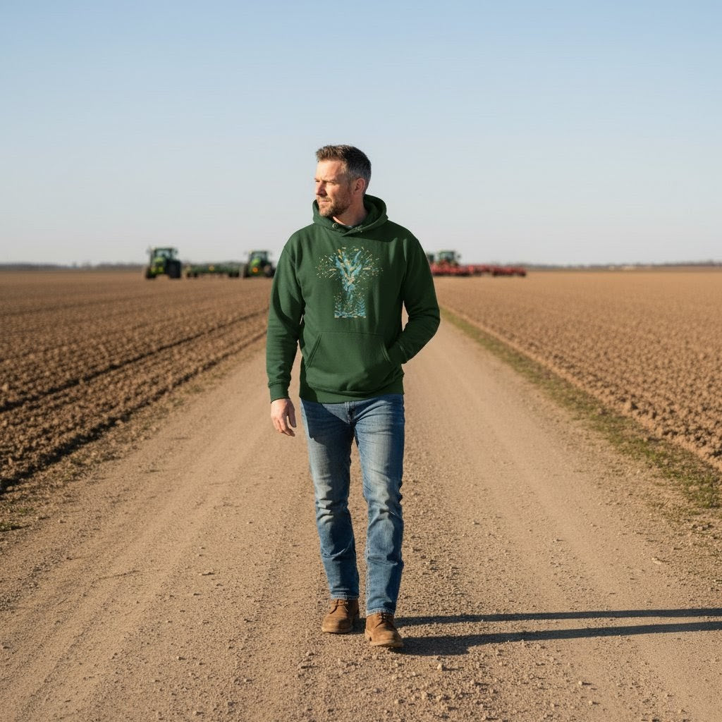 Man walking on a dirt road in a field wearing a green hoodie and jeans.
