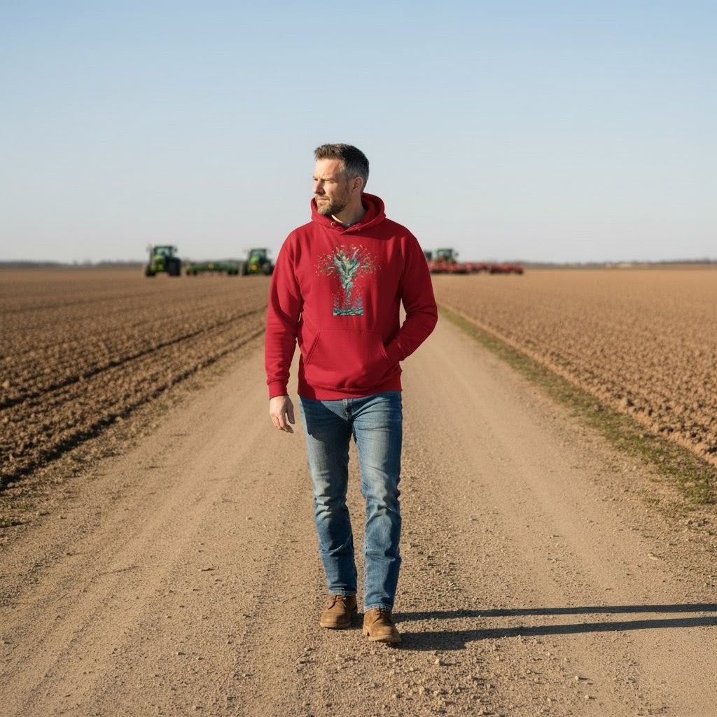 Man in a red hoodie walking on a dirt path in a field with tractors in the background.