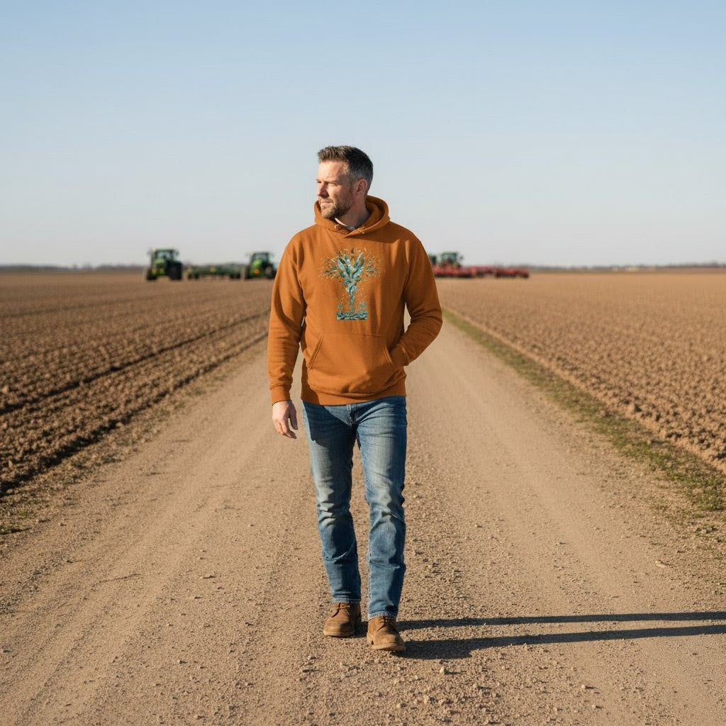 Man walking on a dirt road in a field with tractors in the background