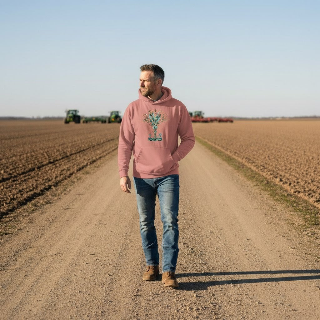 Man walking on a dirt road in a field wearing a pink hoodie with a graphic design.
