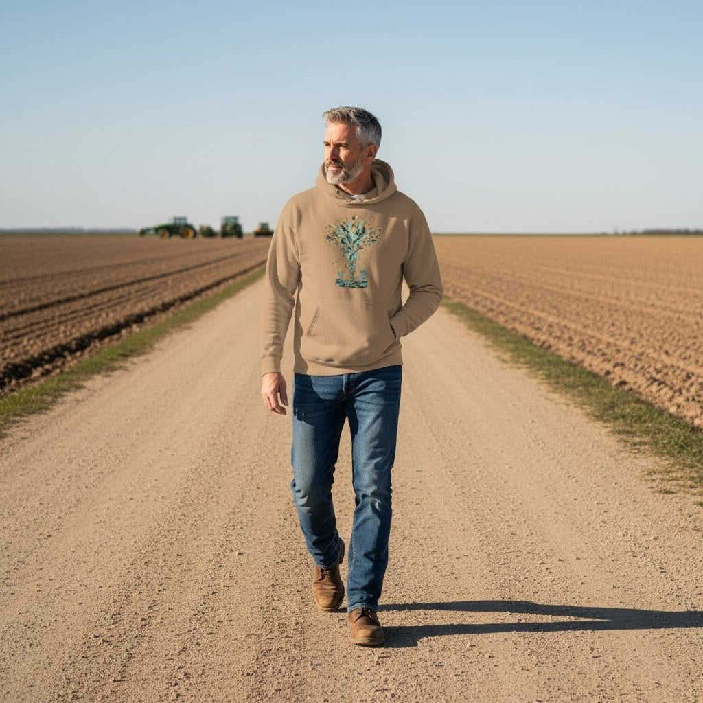 Man walking on a dirt road in a field wearing a beige hoodie with a tree design.