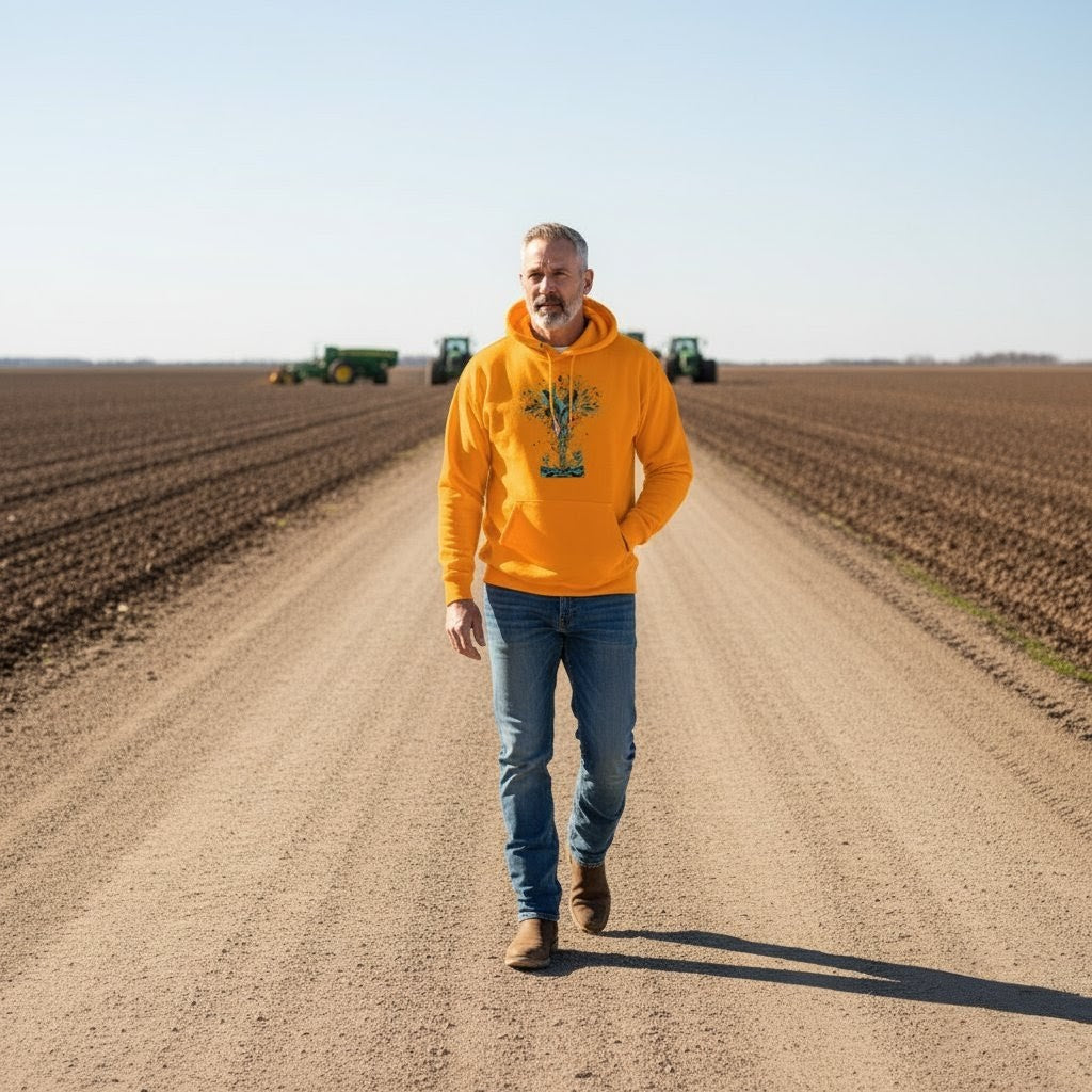 Man in a yellow hoodie walking on a dirt road with plowed fields and tractors in the background.