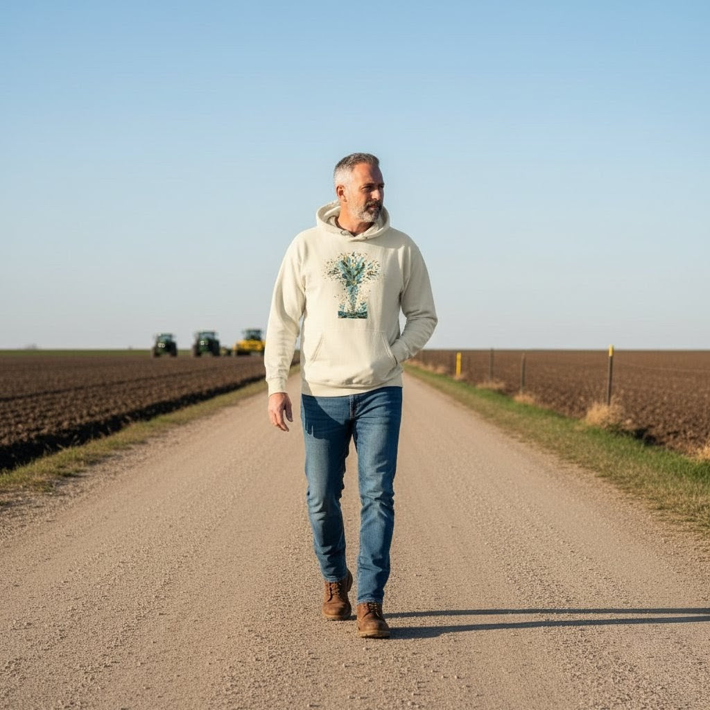 Man walking on a dirt road in a rural setting with clear blue sky