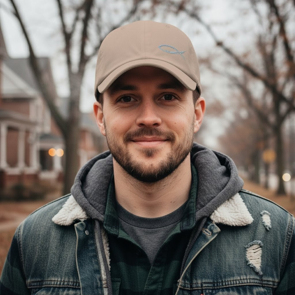 Man wearing a beige cap and denim jacket with a blurred background