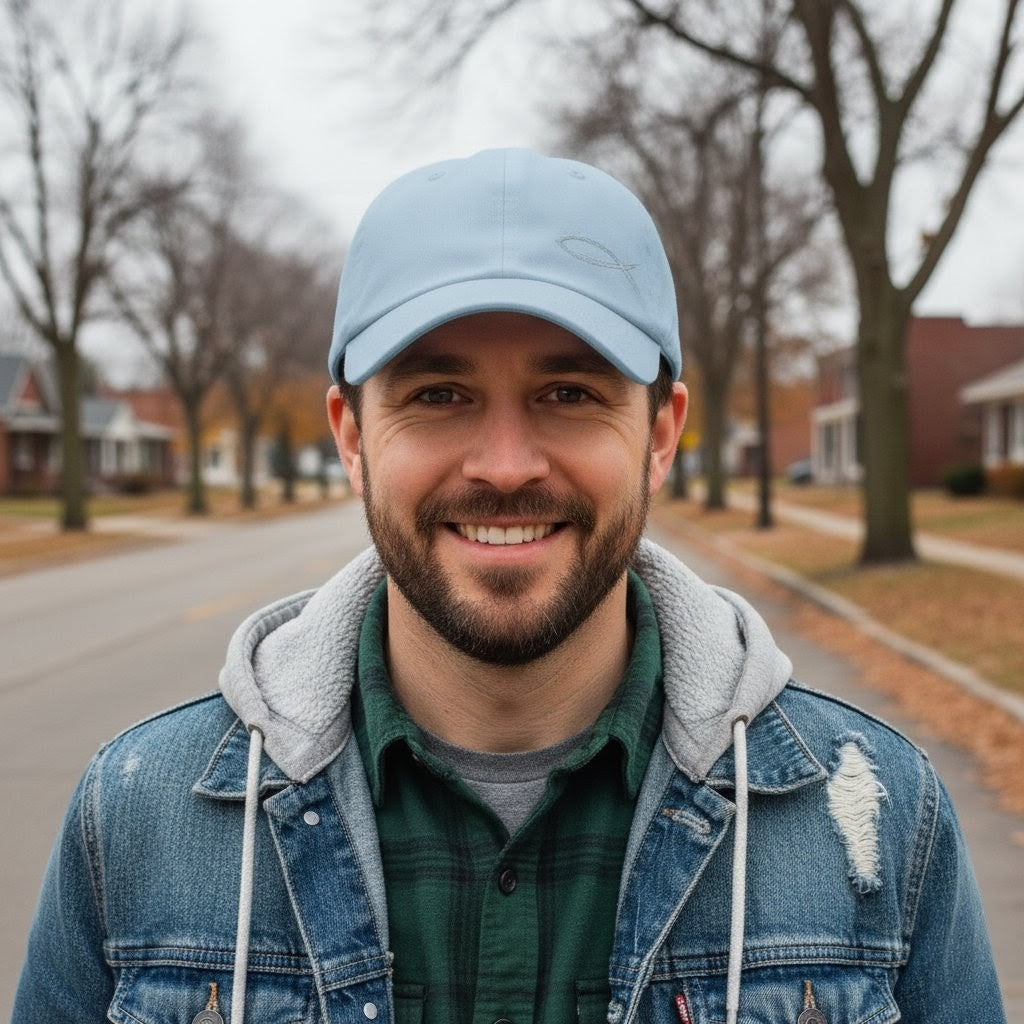 Man wearing a blue cap and denim jacket standing on a street with trees and houses in the background