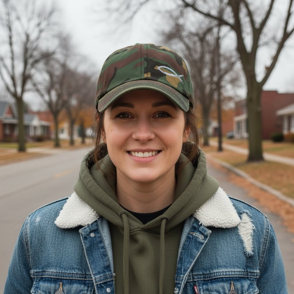 Person wearing a green hoodie, denim jacket, and camouflage cap outdoors.