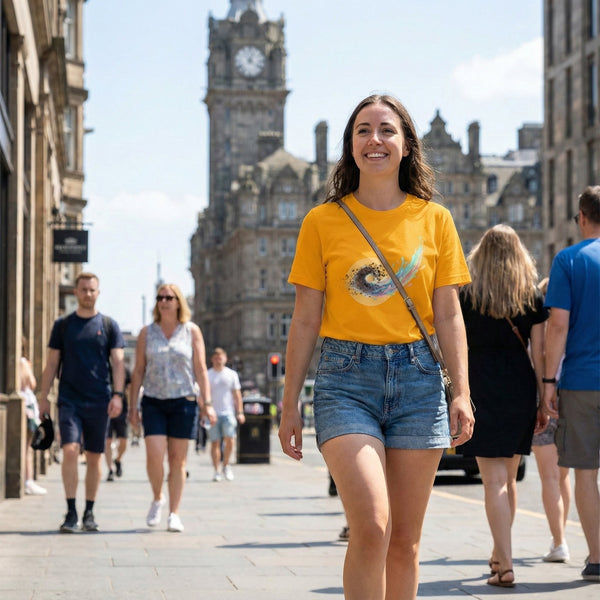 Woman in a yellow t-shirt and denim shorts walking on a city street with a clock tower in the background.