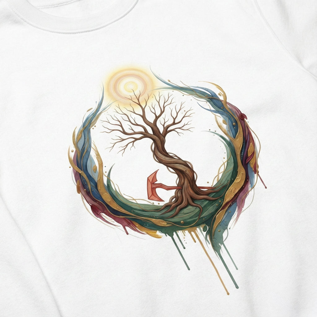 Colorful tree design on a white shirt