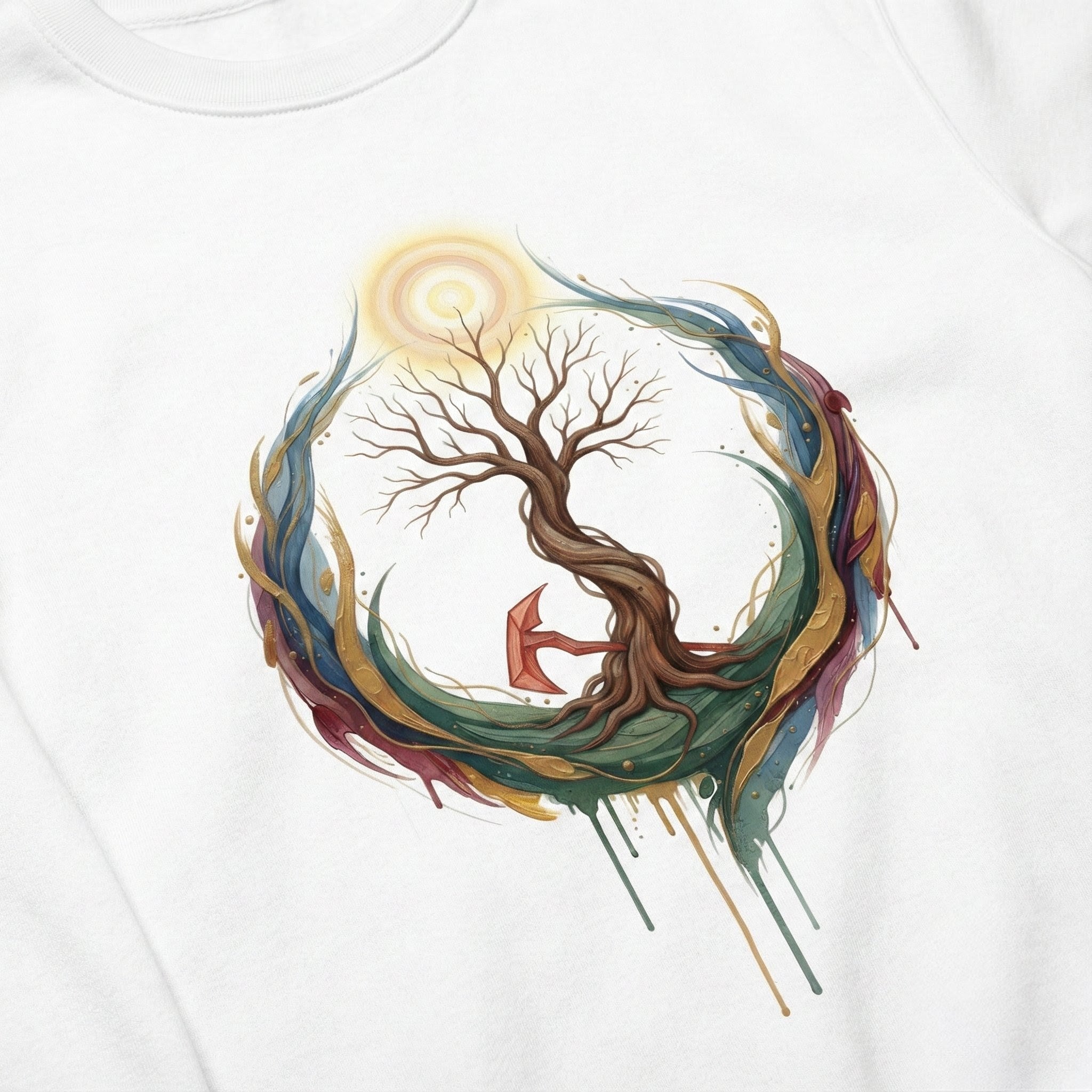 Colorful tree design on a white shirt