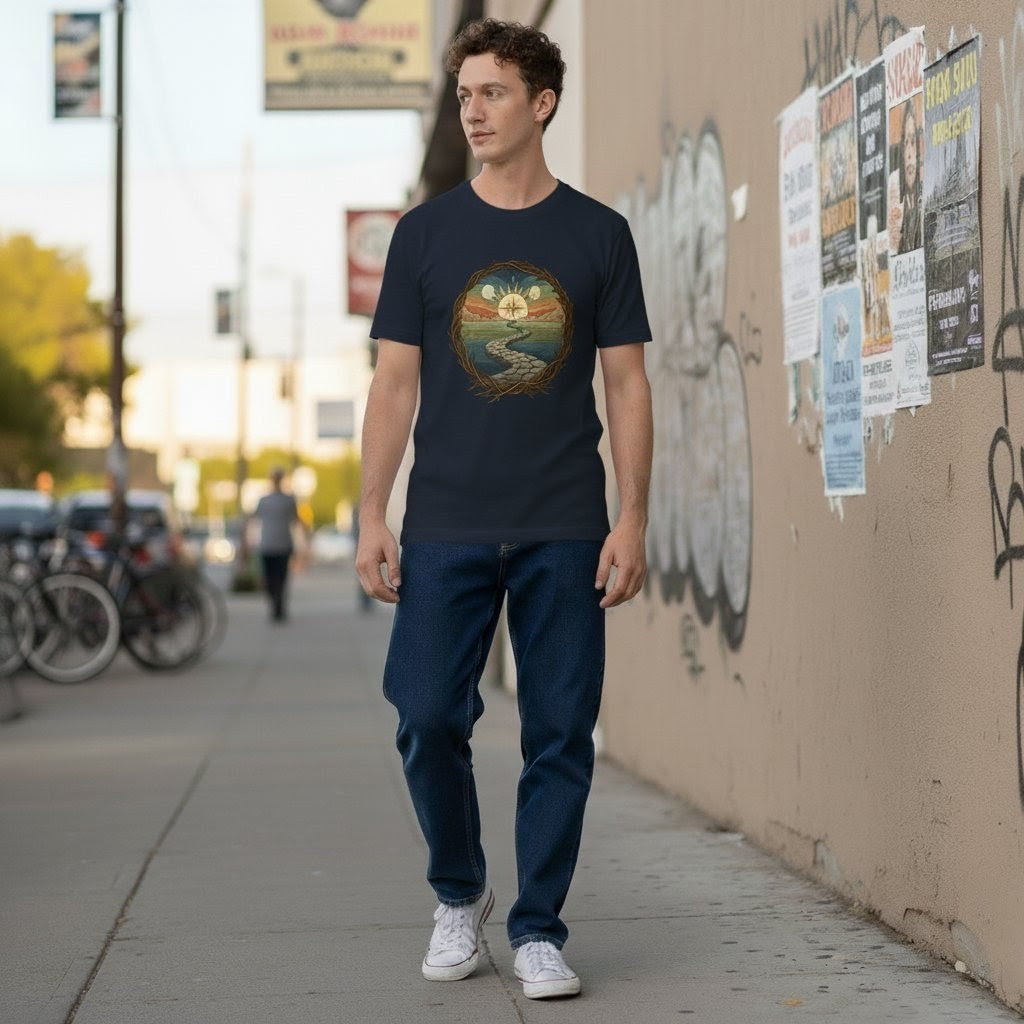 Man walking on a sidewalk wearing a graphic t-shirt with a scenic design.