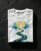 White Impossible Tee folded on dark stone, showing a golden arch above a winding blue and gold river surrounded by clouds.