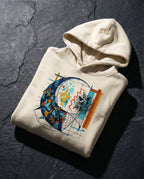 Oatmeal Heather Separation Hoodie folded on dark stone, showing geometric fish-like forms, dark fragments, a net-like grid and a red dividing line.