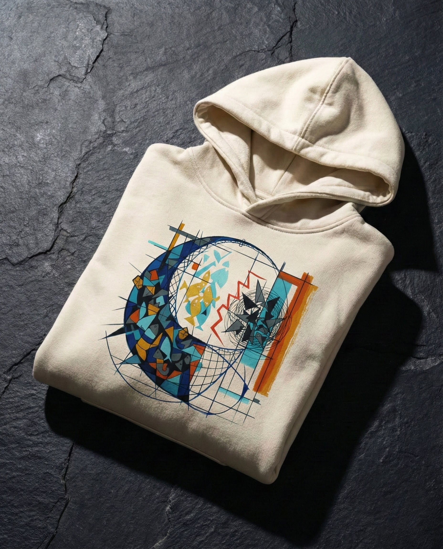 Folded hoodie with a colorful geometric design on a dark stone surface